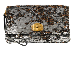 Sequin Flap Clutch, Leather, Black/Gold, MII, B/DB, 3*